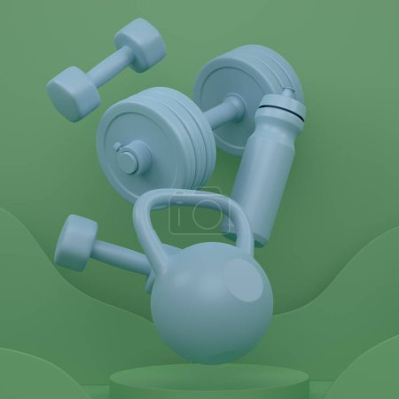 Photo for Sport equipment for fitness on podium or pedestal on monochrome background. 3d render of display product like gym equipment and accessories - Royalty Free Image
