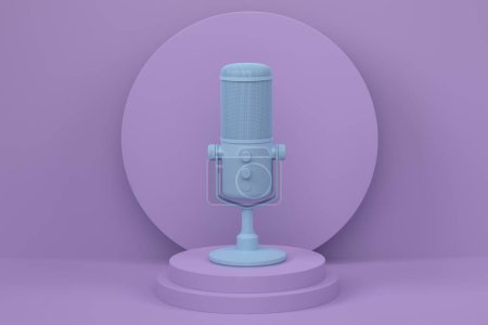 Photo for Studio condenser microphone on cylinder podium with steps on monochrome background. 3d render of display product like streaming gear for cloud gaming and gamer workspace concept - Royalty Free Image