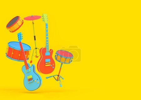 Set of electric acoustic guitars and drums with metal cymbals on multicolor background. 3d render of percussion instrument, drum machine and drumset with heavy metal guitar for rock festival poster