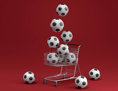 Photo for Set of ball like basketball, american football and golf in shopping cart on red background. 3d rendering of sport accessories for team playing games - Royalty Free Image