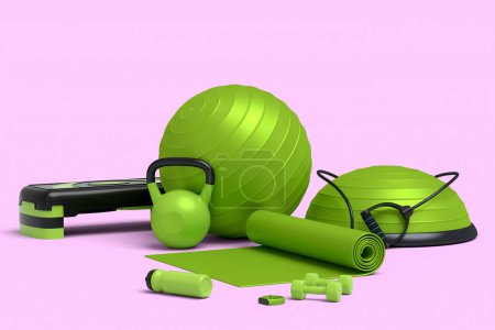 Photo for Isometric view of sport equipment like yoga mat, kettlebell, fitness ball and smart watches on pink background. 3d render of power lifting and fitness concept - Royalty Free Image