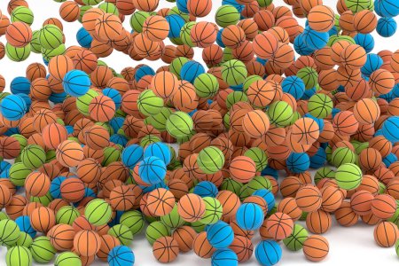 Téléchargez les photos : Beaucoup de ballon de basket multicolore volant tombant sur fond blanc. 3d rendu d'accessoires de sport pour les jeux d'équipe, l'exercice et la compétition - en image libre de droit
