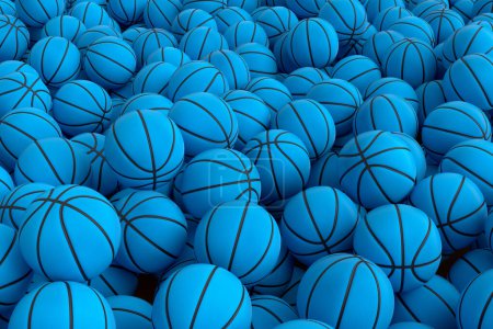 Téléchargez les photos : Beaucoup de ballon de basket-ball bleu volant tombant sur fond rose. 3d rendu d'accessoires de sport pour les jeux d'équipe, l'exercice et la compétition - en image libre de droit