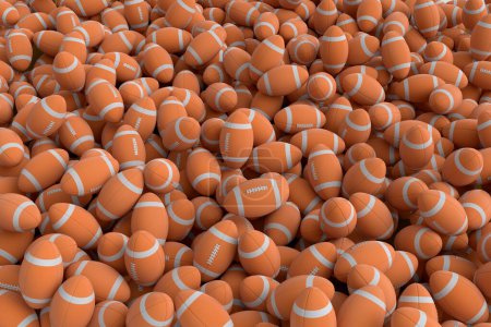 Téléchargez les photos : Beaucoup de ballon de football américain orange volant tombant sur fond blanc. 3d rendu d'accessoires de sport pour les jeux d'équipe, l'exercice et la compétition - en image libre de droit