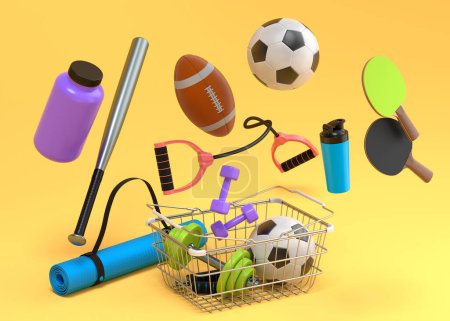 Sport equipment for fitness, gym, crossfit in shopping basket on yellow background. 3d render of power lifting and fitness concept