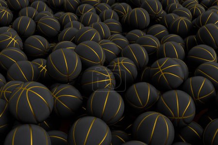 Téléchargez les photos : Beaucoup de ballon de basket noir volant tombant sur fond rouge. 3d rendu d'accessoires de sport pour les jeux d'équipe, l'exercice et la compétition - en image libre de droit