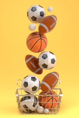 Téléchargez les photos : Ensemble de ballon comme le basket-ball, le football américain et le golf dans le panier sur fond jaune. 3d rendu d'accessoires de sport pour les jeux d'équipe - en image libre de droit
