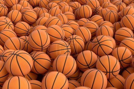 Téléchargez les photos : Beaucoup de ballon de basket-ball orange volant tombant sur fond bleu. 3d rendu d'accessoires de sport pour les jeux d'équipe, l'exercice et la compétition - en image libre de droit