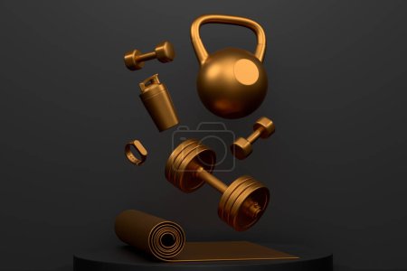 Photo for Sport equipment for fitness on podium or pedestal on monochrome background. 3d render of display product like gym equipment and accessories - Royalty Free Image