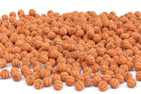 Téléchargez les photos : Beaucoup de ballon de basket-ball orange volant tombant sur fond blanc. 3d rendu d'accessoires de sport pour les jeux d'équipe, l'exercice et la compétition - en image libre de droit