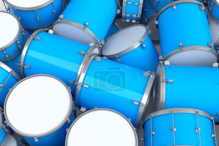 Montón de tambores acostados sobre fondo blanco. 3d render concepto de instrumento de percusión musical, máquina de tambor y batería