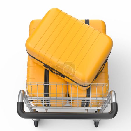 Photo for Regular polycarbonate suitcase on hotel trolley cart for carrying baggage on white background. 3d render travel concept of hotel service on vacation and luggage transportation - Royalty Free Image