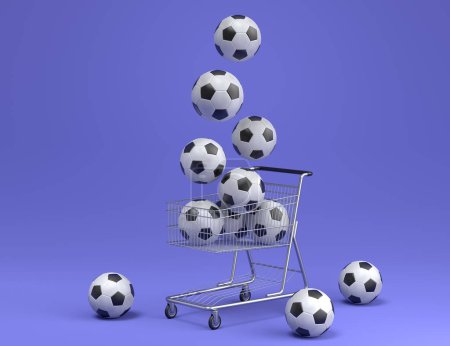 Téléchargez les photos : Set of ball like basketball, american football and golf in shopping cart on violet background. 3d rendering of sport accessories for team playing games - en image libre de droit