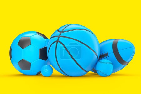 Téléchargez les photos : Ensemble de boules bleues comme le basket, le football américain et le golf isolé sur fond blanc. 3d rendu d'accessoires de sport pour les jeux d'équipe - en image libre de droit