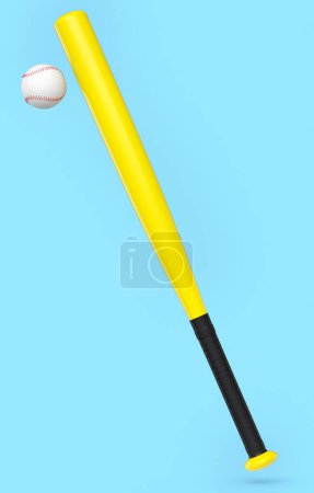 Téléchargez les photos : Bâton et balle de baseball professionnel en caoutchouc jaune isolé sur fond bleu. 3d rendu d'accessoires de sport pour les jeux d'équipe - en image libre de droit
