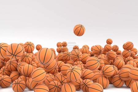 Téléchargez les photos : Beaucoup de ballon de basket-ball orange volant tombant sur fond blanc. 3d rendu d'accessoires de sport pour les jeux d'équipe, l'exercice et la compétition - en image libre de droit