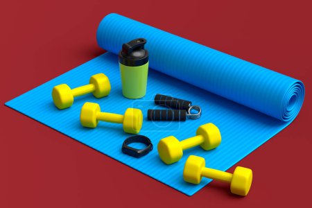 Photo for Isometric view of sport equipment like yoga mat, dumbbell, water bottle and smart watches on red background. 3d render of power lifting and fitness concept - Royalty Free Image