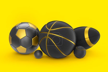 Téléchargez les photos : Ensemble de boules noires et dorées comme le basket, le football américain et le golf isolé sur fond bleu. 3d rendu d'accessoires de sport pour les jeux d'équipe - en image libre de droit