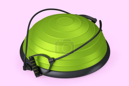 Photo for Green fitness ball with hand expander isolated pink background. 3d rendering of sport equipment for fitness, yoga and active workout - Royalty Free Image