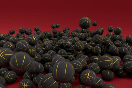 Téléchargez les photos : Beaucoup de ballon de basket noir volant tombant sur fond rouge. 3d rendu d'accessoires de sport pour les jeux d'équipe, l'exercice et la compétition - en image libre de droit
