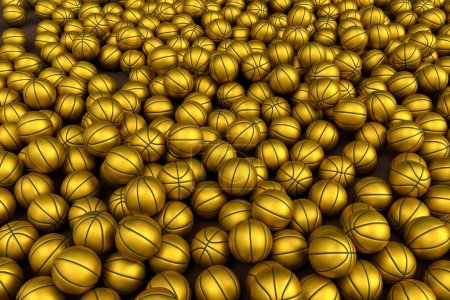 Téléchargez les photos : Beaucoup de ballon de basket-ball en or volant tombant sur fond sombre. 3d rendu d'accessoires de sport pour les jeux d'équipe, l'exercice et la compétition - en image libre de droit