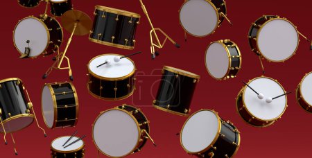 Many of flying drums with metal cymbals on red background. 3d render concept of musical percussion instrument, drum machine and drumset