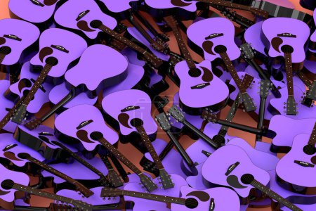 Photo for Heap of flying acoustic guitars isolated on pink background. 3d render of concept for rock festival poster with spanish guitar for music shop - Royalty Free Image