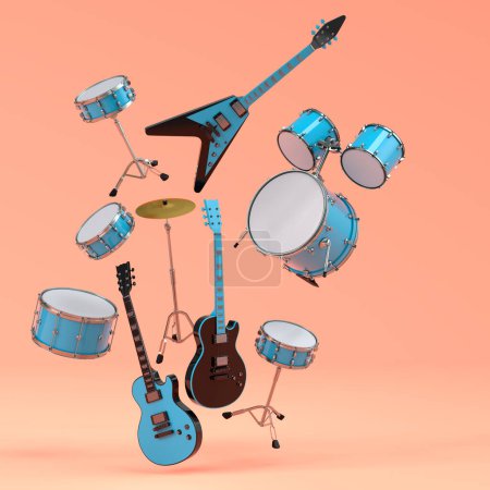 Photo for Set of electric acoustic guitars and drums with metal cymbals on purple background. 3d render of musical percussion instrument, drum machine and drumset with heavy metal guitar for rock festival - Royalty Free Image
