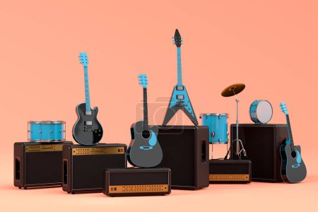 Photo for Set of electric acoustic guitars, amplifiers and drums with metal cymbals on orange background. 3d render of musical percussion instrument, drum machine and drumset with heavy metal guitar - Royalty Free Image