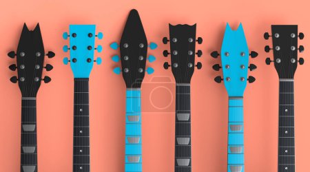 Photo for Set of fingerboard of electric acoustic guitar isolated on orange background. 3d render of concept for rock festival poster with heavy metal guitar for music shop - Royalty Free Image