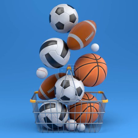Photo for Set of ball like basketball, american football and golf in shopping basket on blue background. 3d rendering of sport accessories for team playing games - Royalty Free Image