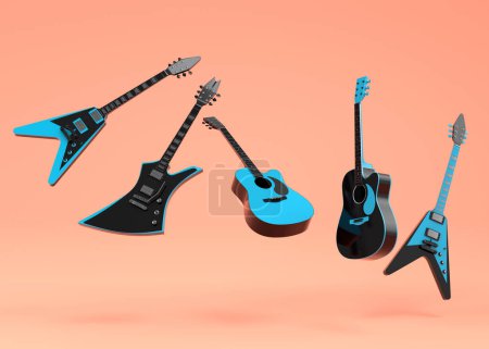 Photo for Set of electric acoustic guitars isolated on orange background. 3d render of concept for rock festival poster with heavy metal guitar for music shop - Royalty Free Image