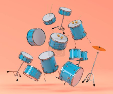 Photo for Set of drums with metal cymbals on orange background. 3d render of musical percussion instrument, drum machine and drumset with heavy metal guitar for rock festival poster - Royalty Free Image