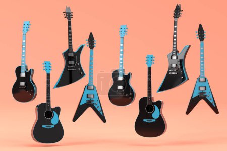 Photo for Set of electric acoustic guitars isolated on orange background. 3d render of concept for rock festival poster with heavy metal guitar for music shop - Royalty Free Image