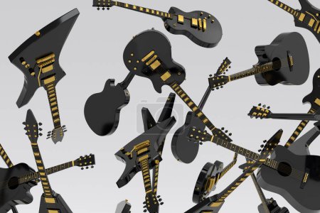 Photo for Many of flying acoustic guitars isolated on white background. 3d render of concept for rock festival poster with spanish guitar for music shop - Royalty Free Image