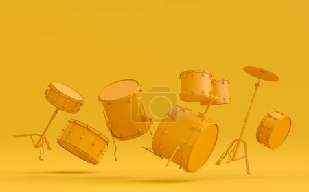 Photo for Set of electric acoustic guitars and drums with metal cymbals on monochrome background. 3d render of musical percussion instrument, drum machine and drumset with heavy metal guitar for rock festival - Royalty Free Image
