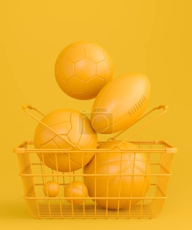 Set of ball like basketball, american football and golf in shopping basket on monochrome background. 3d rendering of sport accessories for team playing games