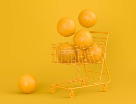 Photo for Set of ball like basketball, american football and golf in shopping cart on monochrome background. 3d rendering of sport accessories for team playing games - Royalty Free Image