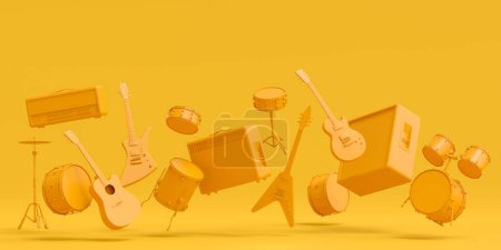 Photo for Set of electric acoustic guitars, amplifiers and drums with metal cymbals on monochrome background. 3d render of musical percussion instrument, drum machine and drumset with heavy metal guitar - Royalty Free Image