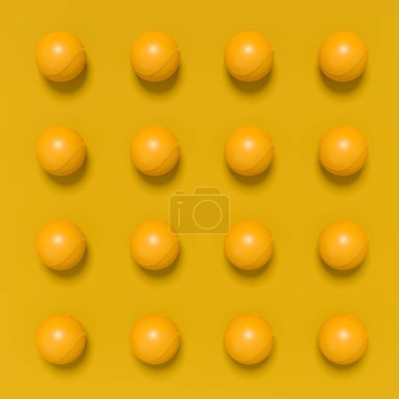 Photo for Set of softball or baseball ball lying in row on monochrome background. 3d render of sport accessories for team playing games - Royalty Free Image