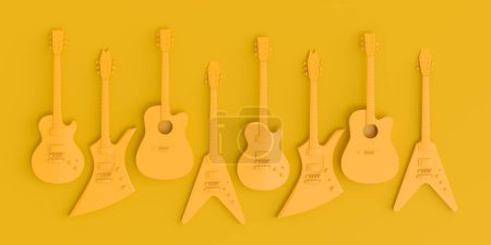 Photo for Set of electric acoustic guitars isolated on monochrome background. 3d render of concept for rock festival poster with heavy metal guitar for music shop - Royalty Free Image