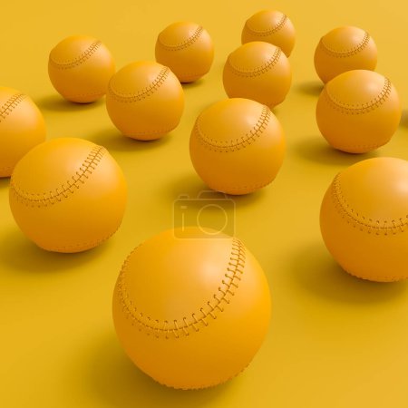 Set of softball or baseball ball lying in row on monochrome background. 3d render of sport accessories for team playing games