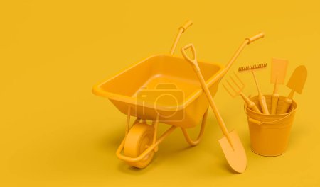 Garden wheelbarrow with garden tools like shovel, rake and fork on monochrome background. 3d render concept of horticulture and farming supplies