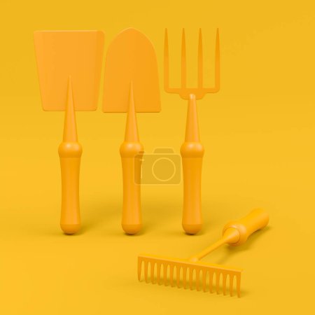 Garden shovel, pitchfork and rake on monochrome background. 3d render of garden tool and equipment for farm, summer camping