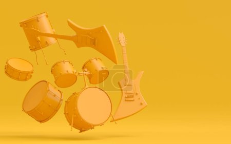 Photo for Set of electric acoustic guitars and drums with metal cymbals on monochrome background. 3d render of musical percussion instrument, drum machine and drumset with heavy metal guitar for rock festival - Royalty Free Image
