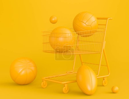 Photo for Set of ball like basketball, american football and golf in shopping cart on monochrome background. 3d rendering of sport accessories for team playing games - Royalty Free Image