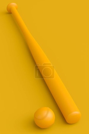 Wooden professional softball or baseball bat and ball isolated on monochrome background. 3d rendering of sport accessories for team playing games