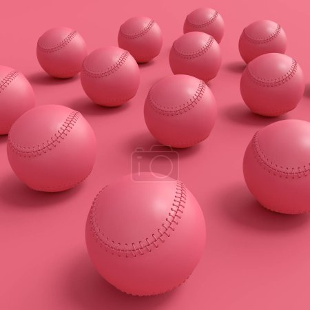 Photo for Set of softball or baseball ball lying in row on monochrome background. 3d render of sport accessories for team playing games - Royalty Free Image
