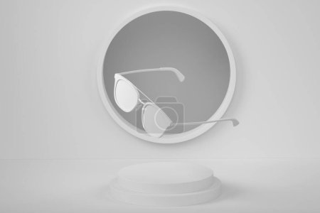 Sunglasess with plastic frame on cylinder podium with steps on monochrome background. 3d render of display product like beach accessories and summertime concept