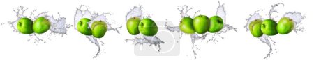 Téléchargez les photos : Groupe de fruits avec éclaboussures d'eau comme pomme verte isolé sur fond blanc. - en image libre de droit